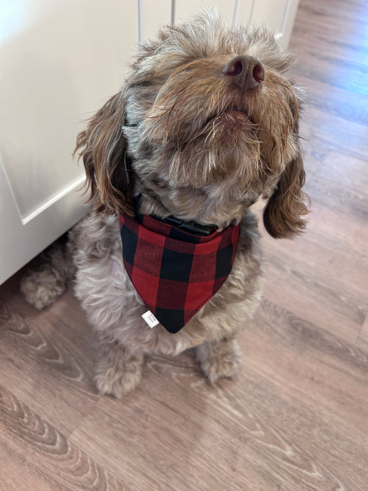 ❤️ Reversible Scrunchie Dog Bandana - Classic Dark Red & Black Buffalo Plaid