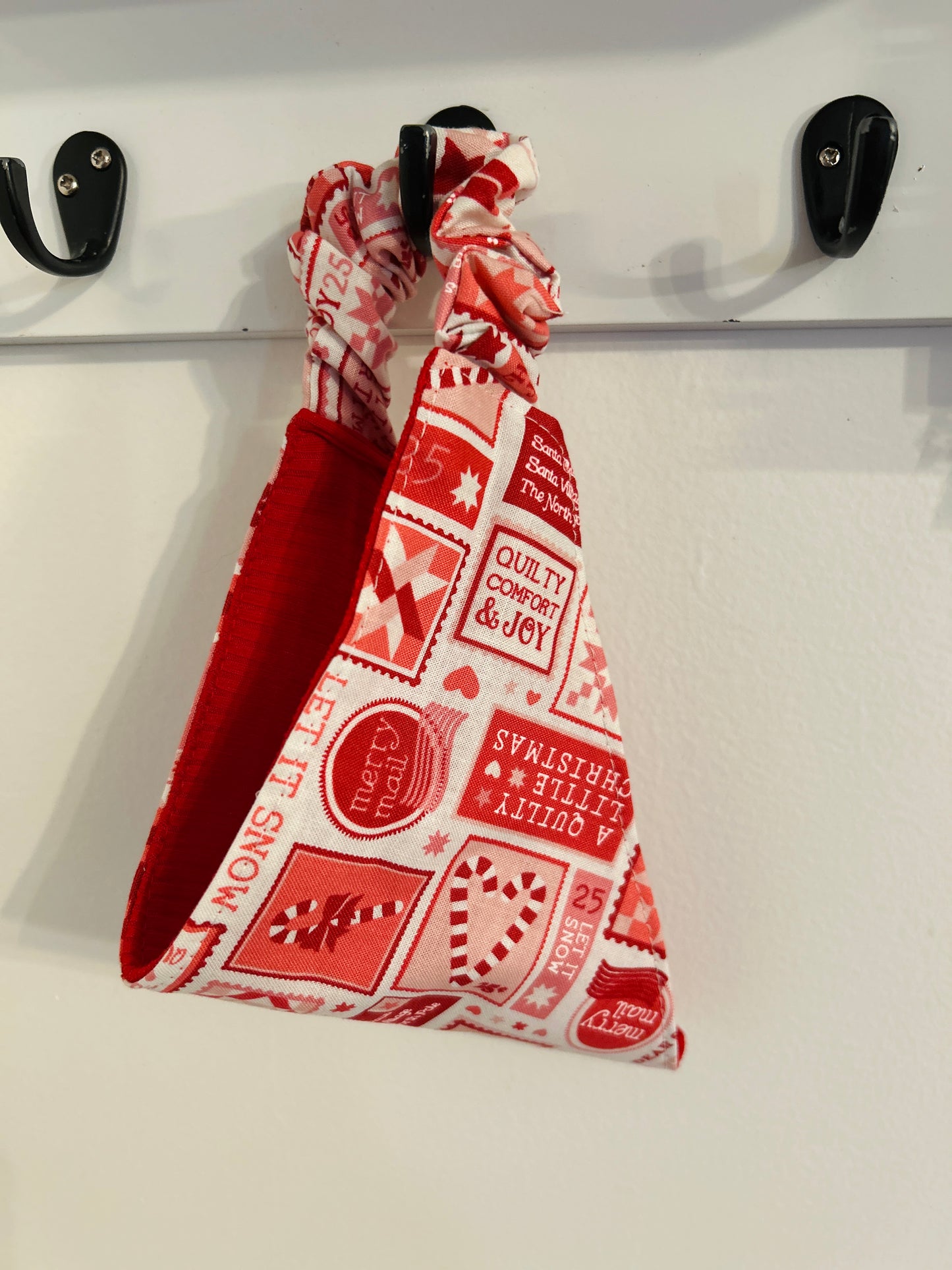 Holly Jolly Scrunchie Dog Bandana - Christmas Stamps & Red Ribbed Reversible