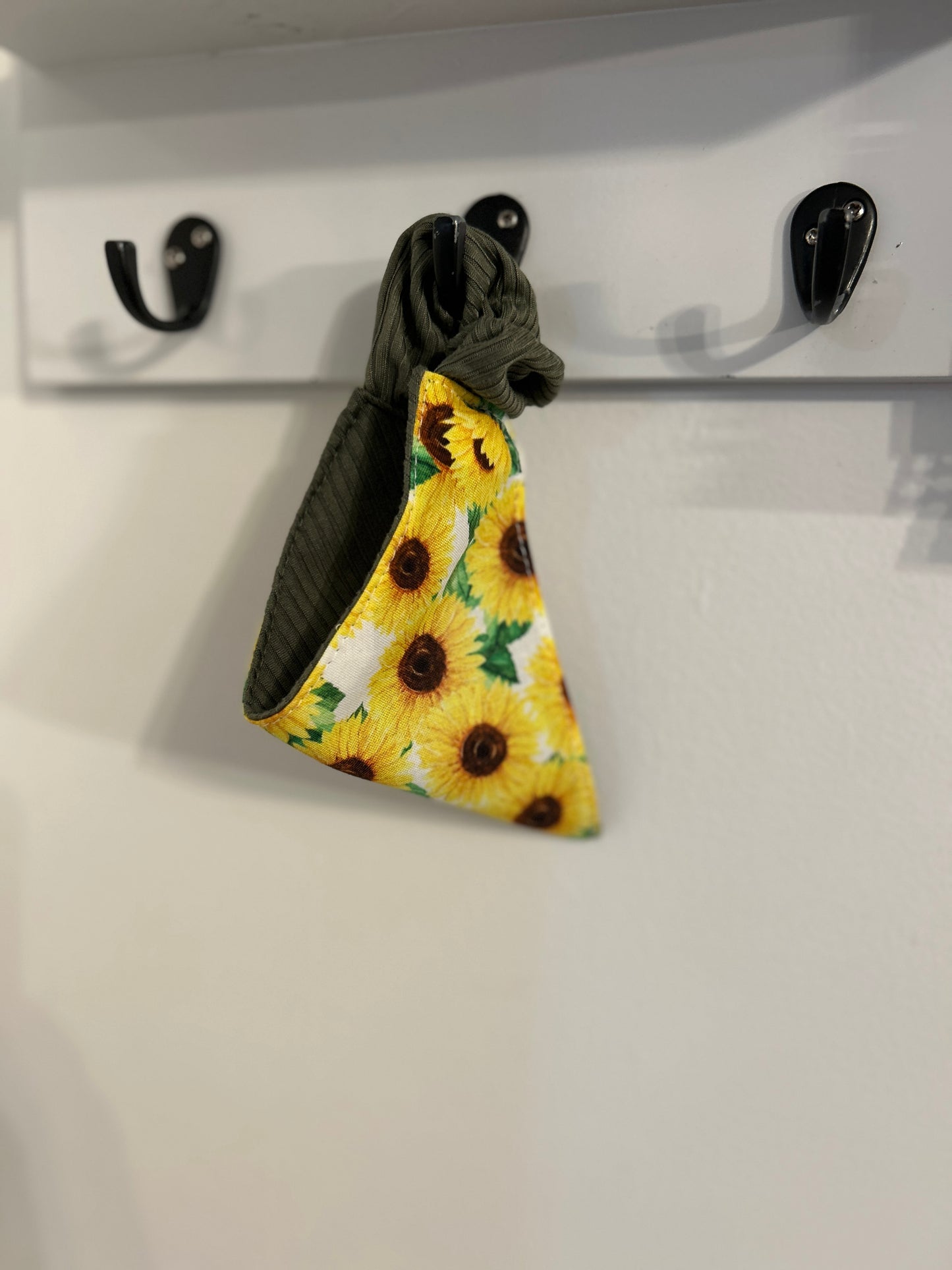 Reversible Scrunchie Dog Bandana: "Sunny Days" Sunflower & Olive Ribbed Knit - Easy Slip-On Style