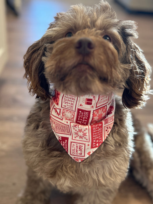 Holly Jolly Scrunchie Dog Bandana - Christmas Stamps & Red Ribbed Reversible