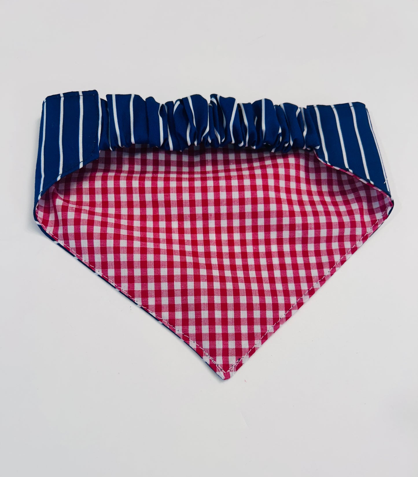 Reversible Dark Blue Stripes & Red Gingham Dog Bandana