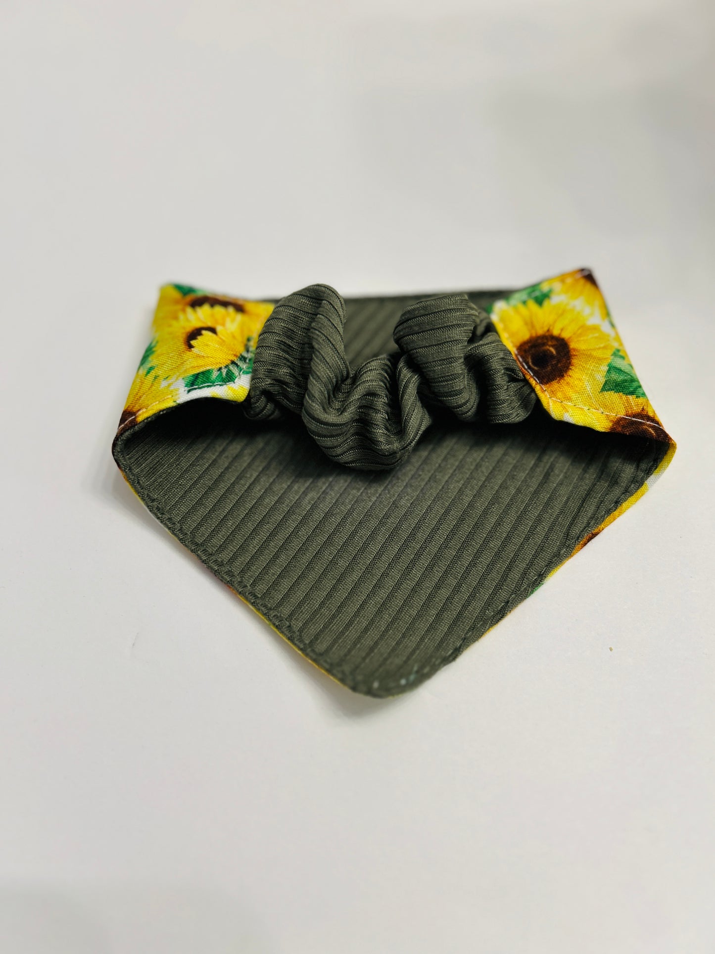 Reversible Scrunchie Dog Bandana: "Sunny Days" Sunflower & Olive Ribbed Knit - Easy Slip-On Style