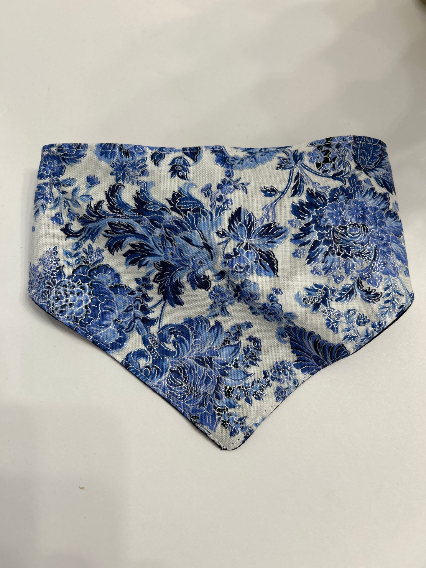 Classic Blue Toile Dog Bandana | Reversible Navy Floral Slip-On Pet Bandana French Country Accessory