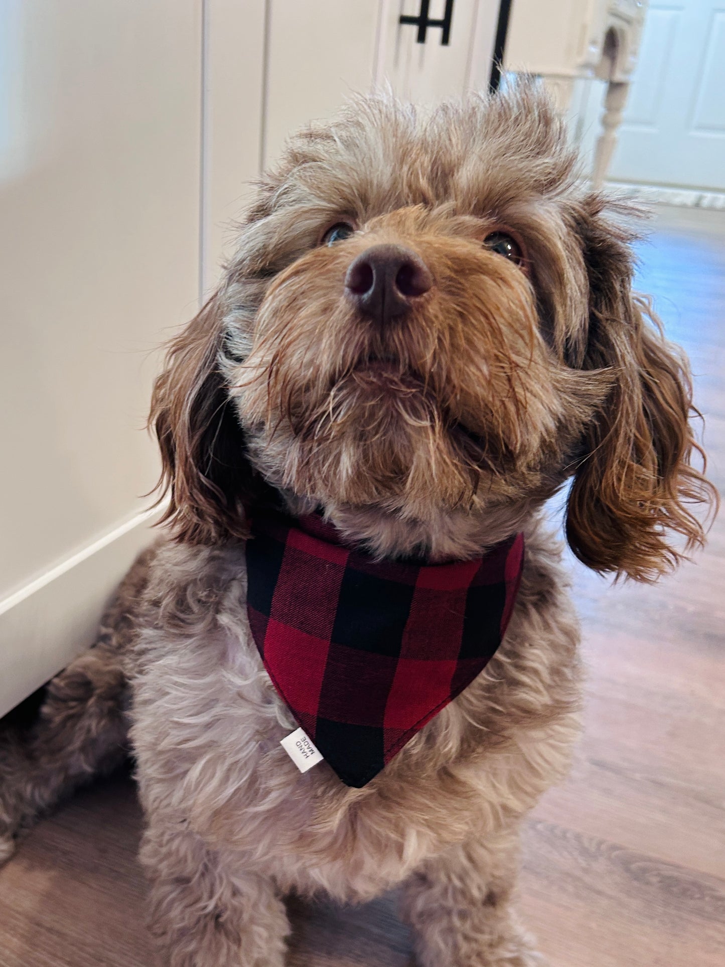 ❤️ Reversible Scrunchie Dog Bandana - Classic Dark Red & Black Buffalo Plaid