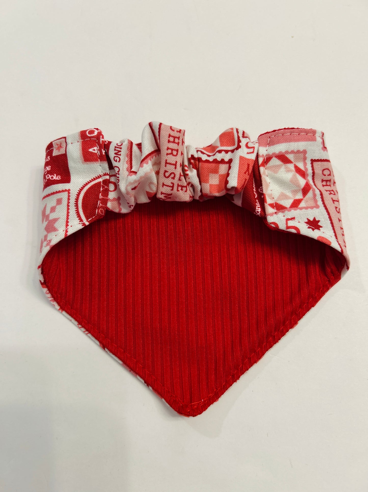 Holly Jolly Scrunchie Dog Bandana - Christmas Stamps & Red Ribbed Reversible