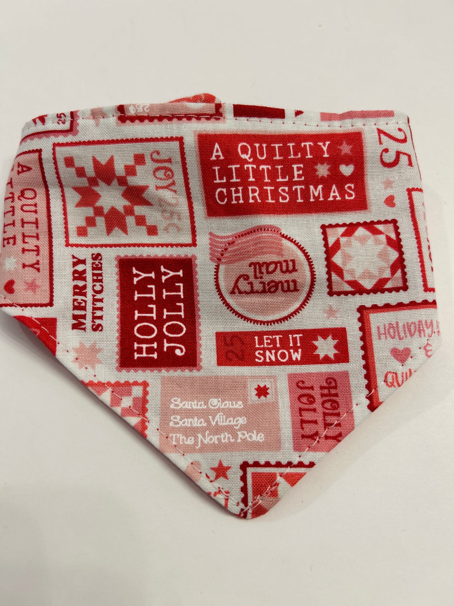 Holly Jolly Scrunchie Dog Bandana - Christmas Stamps & Red Ribbed Reversible